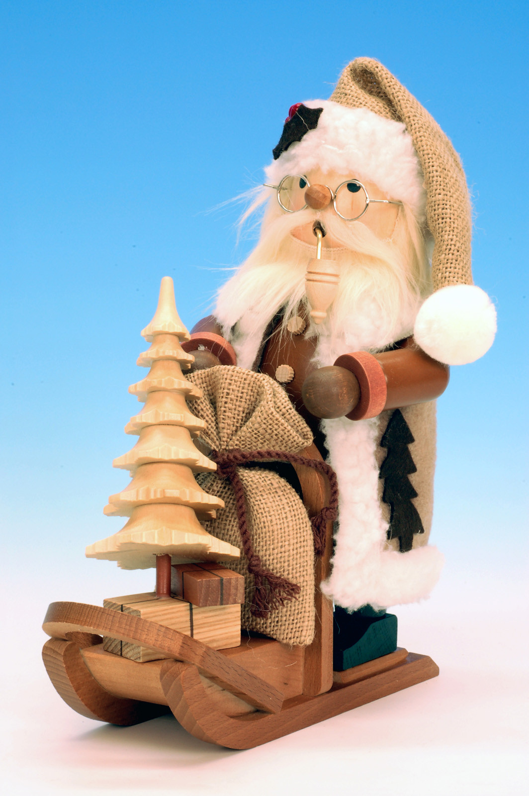 Räuchermännchen Weihnachtsmann mit Schlitten - Erzgebirgskunst Drechsel