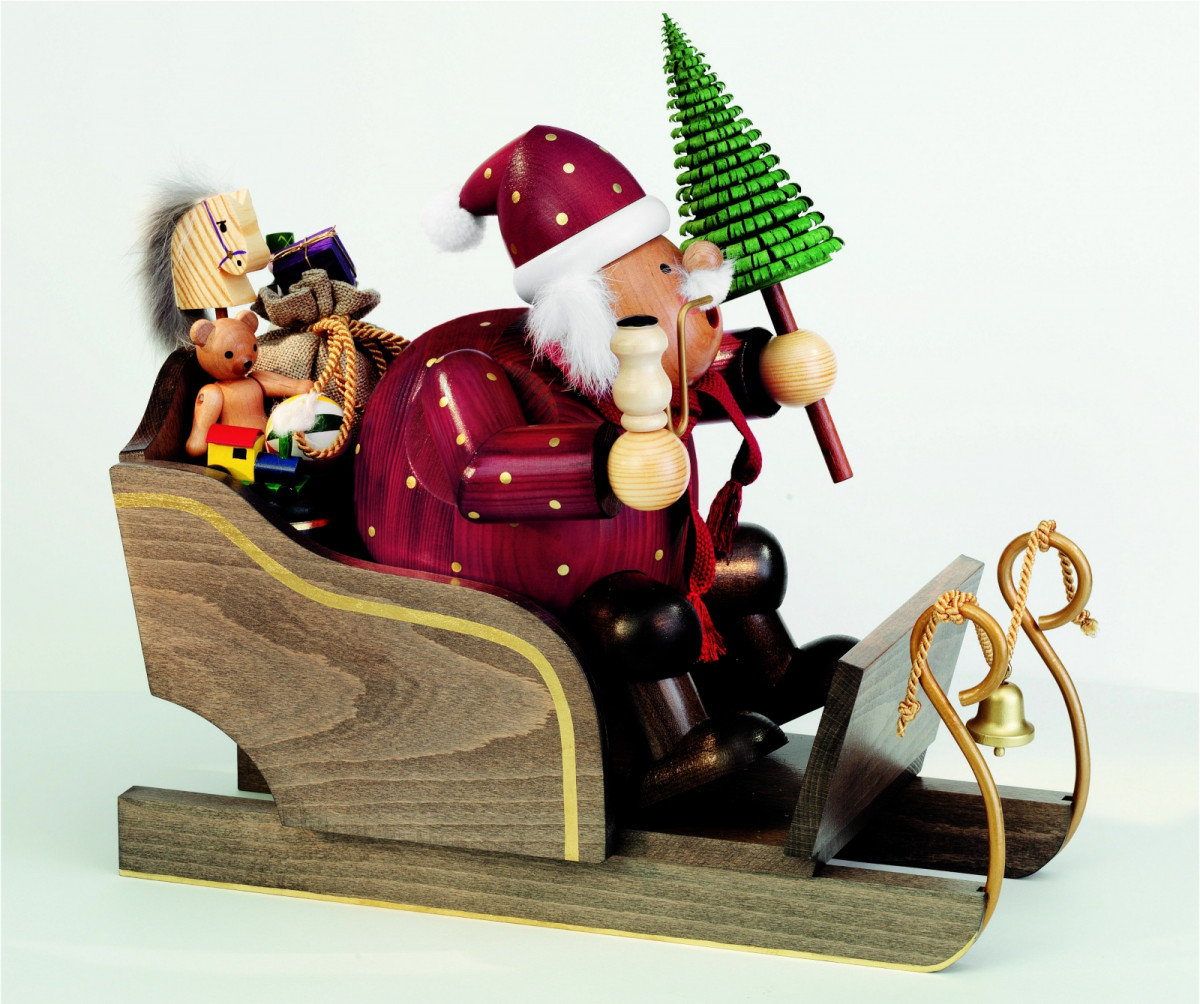 - groß Drechsel Erzgebirgskunst mit Schlitten, Räuchermännchen Weihnachtsmann