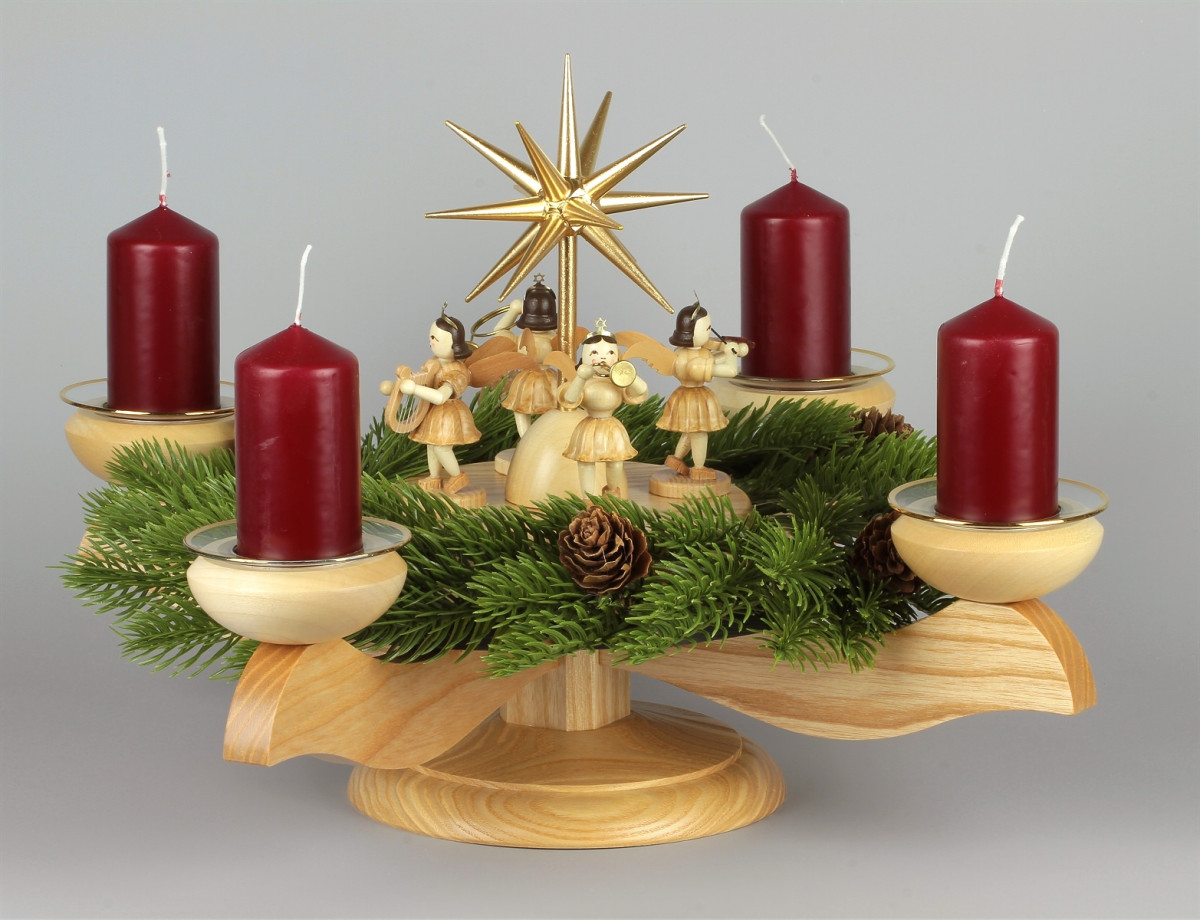 Adventsleuchter mit Blank-Engeln für Stumpenkerzen natur, Komplettset inkl. Kranz, Glasmanschetten, Stumpenkerzen rot