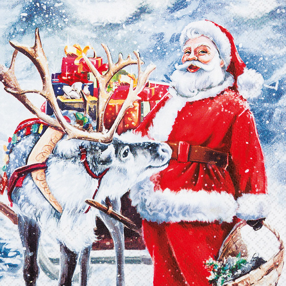 Tischservietten Weihnachtsmann mit Rentier - Erzgebirgskunst Drechsel