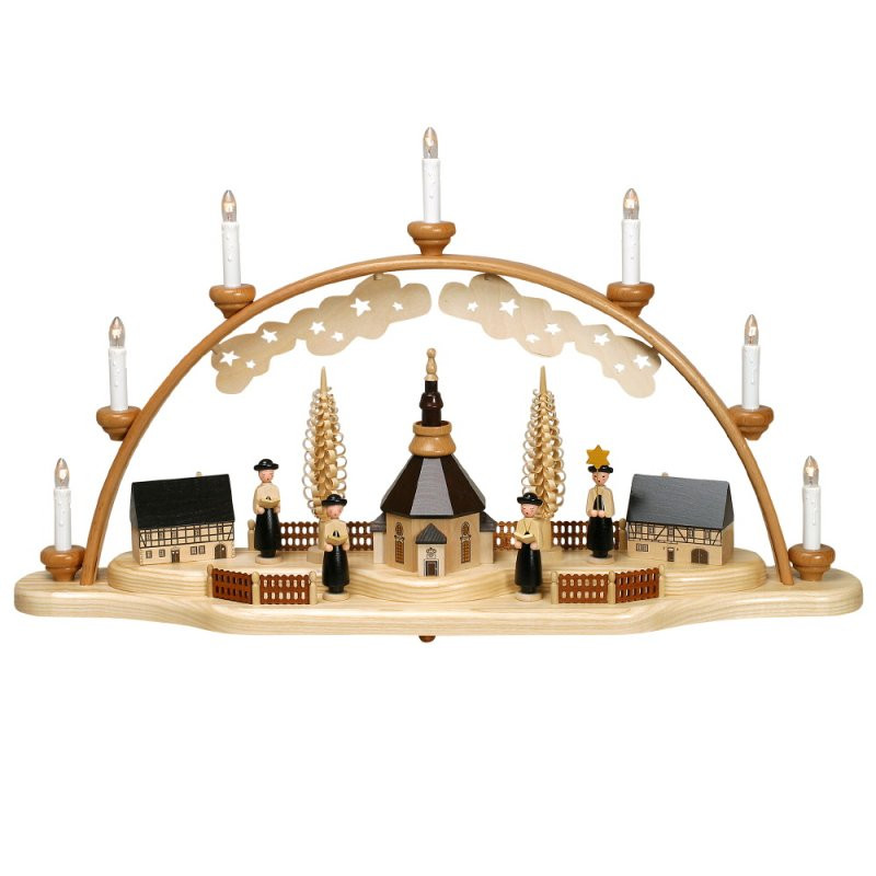 3D Schwibboden Erzgebirge – Seiffener Kirche Mit Kurrende, 7 Kerzen, 53x35 Cm, Handgefertigt