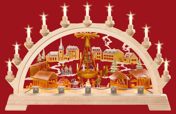 Schwibbogen Weihnachtsmarkt mit Pyramide, farbig