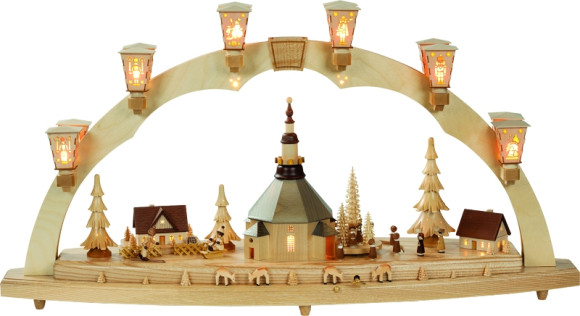 Schwibbogen Original Seiffener Kirche mit Kurrende und Spielwerk