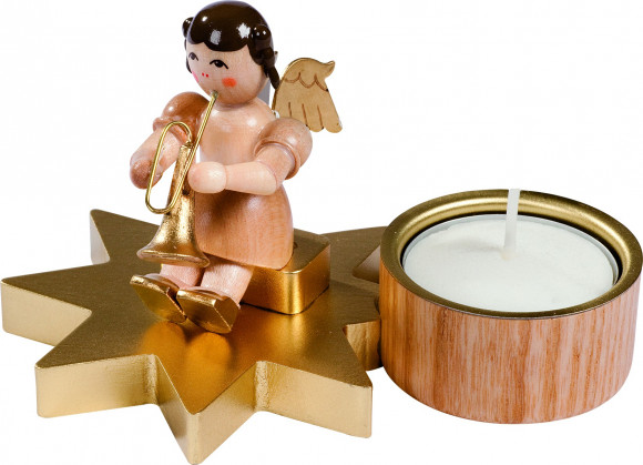 Teelicht-Kerzenhalter Engel auf Stern mit Trompete