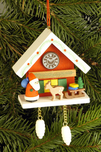 Baumbehang Uhrenhäuschen rot mit Nikolaus