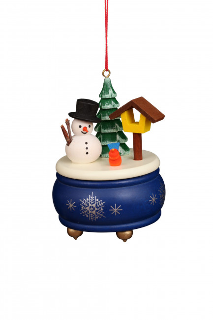 Baumbehang Spieldose blau mit Schneemann