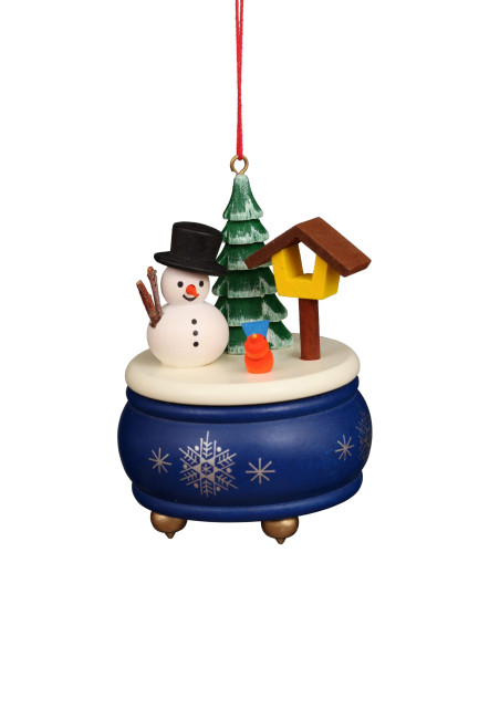 Baumbehang Spieldose blau mit Schneemann