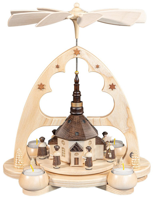 Teelicht-Bogenpyramide Seiffener Kirche mit LED-Beleuchtung