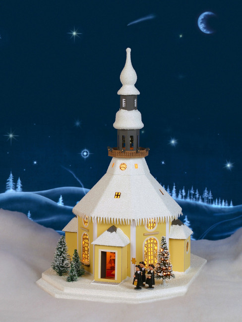 Lichterhaus Seiffener Kirche mit Weihnachtsbaum und Spielwerk