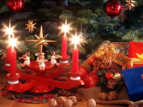 Adventsleuchter rot mit Engel