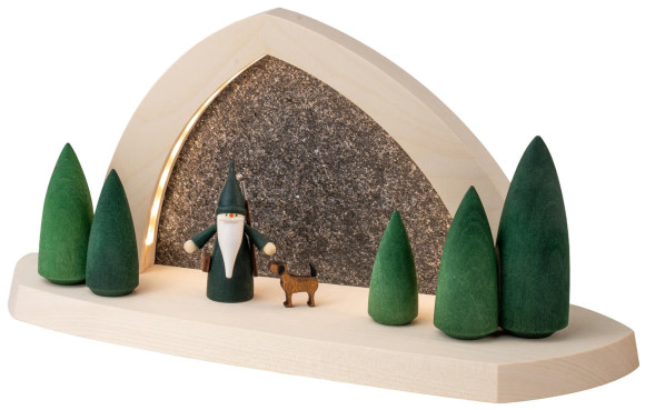 Seiffener Volkskunst LED-Gesteinsbogen 31 cm Breite, natur, Jägerwichtel und Hund USB-C