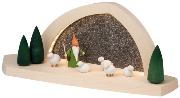 Seiffener Volkskunst LED-Gesteinsbogen Breite 37 cm, natur, Schäferwichtel und Schafen USB-C