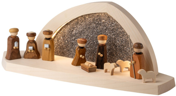 Seiffener Volkskunst LED-Gesteinsbogen Breite 37 cm, natur, Christi Geburt USB-C