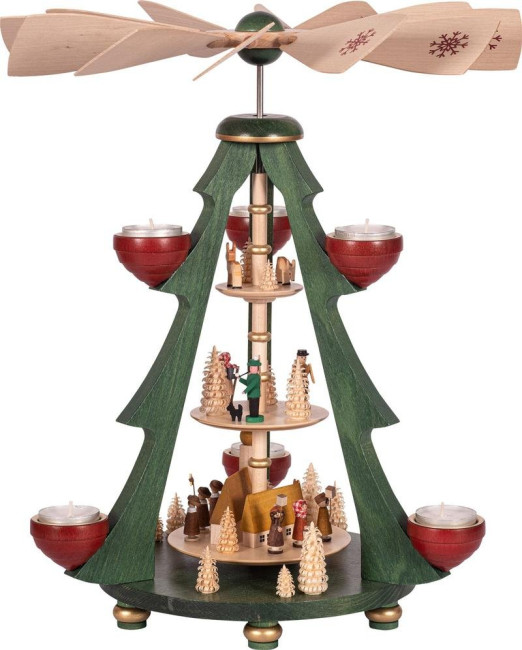 Weihnachtspyramide Baumpyramide Kirchdorf für Teelichter 3-stöckig - 40 cm - Auslaufartikel