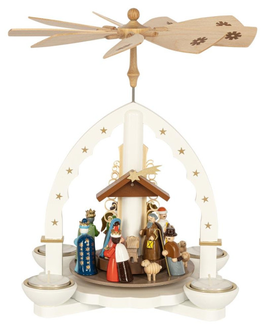 Weihnachtspyramide Heilige Drei Könige für Teelicht und Kerzen weiß - 27 cm
