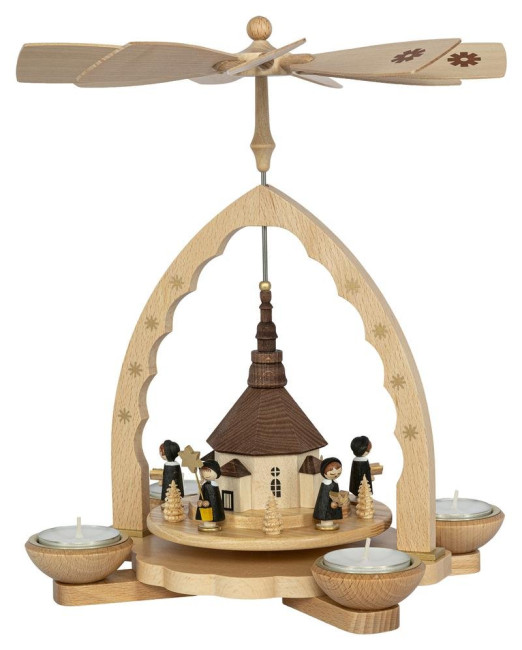Weihnachtspyramide Seiffener Kirche mit Kurrende für Teelicht und Kerzen - 27 cm