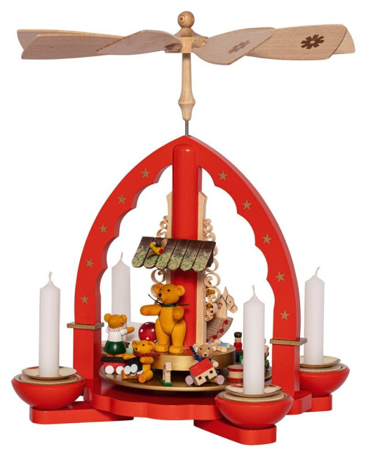 Weihnachtspyramide Spielende Bärenkinder für Teelicht und Kerzen - 27 cm