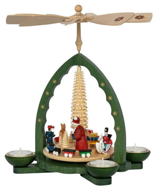 Weihnachtspyramide Weihnachtsbescherung für Teelicht und Kerzen grün - 27 cm