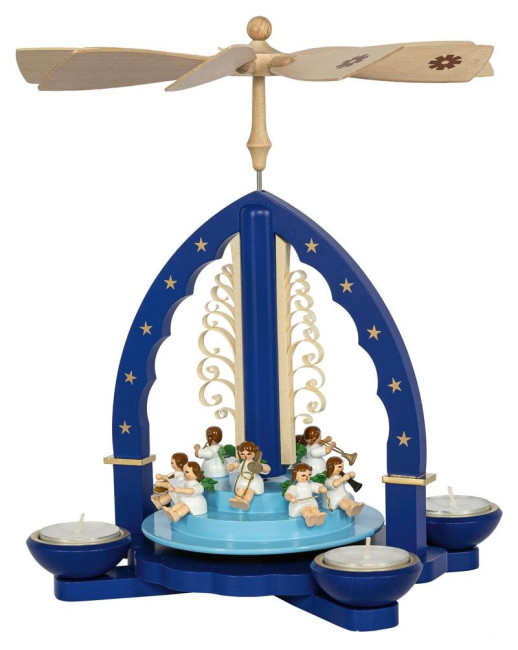 Weihnachtspyramide Engelkonzert blau für Teelicht und Kerzen - 27 cm