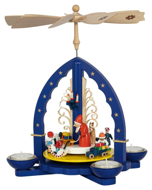 Weihnachtspyramide Weihnachtsbescherung für Teelicht und Kerzen blau - 27 cm