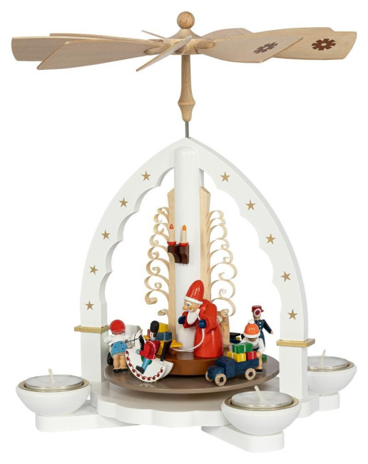 Weihnachtspyramide Weihnachtsbescherung für Teelicht und Kerzen weiß - 27 cm - Auslaufartikel