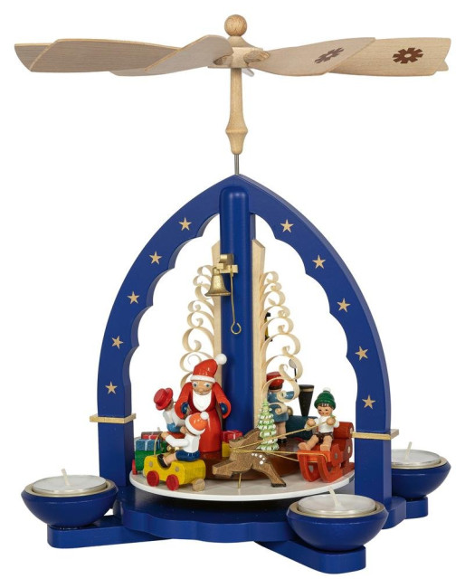 Weihnachtspyramide Weihnachtszug für Teelicht und Kerzen blau - 27 cm