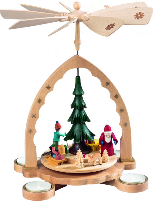 Teelichtpyramide Winterwald mit Weihnachtsmann, bunt