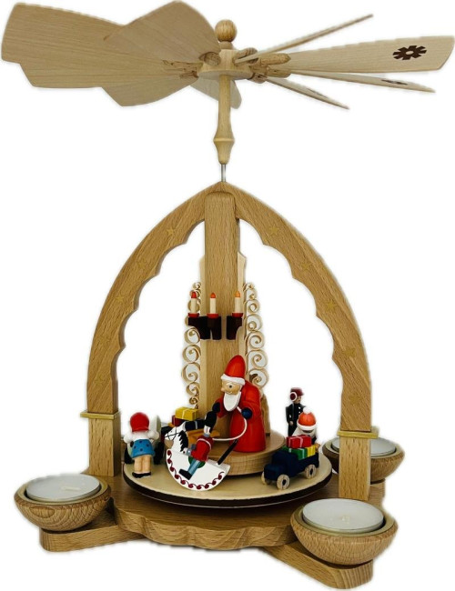 Weihnachtspyramide Weihnachtsbescherung für Teelicht und Kerzen natur - 27 cm
