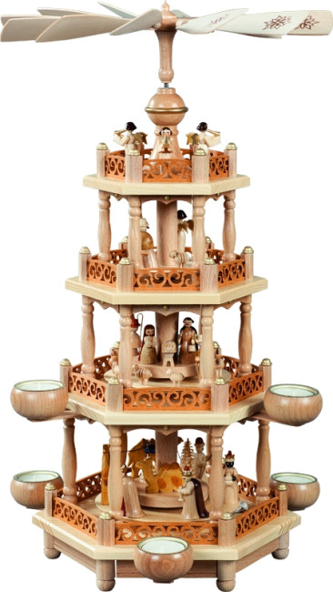 Weihnachtspyramide Christi Geburt natur für Teelichter 3-stöckig - 55 cm