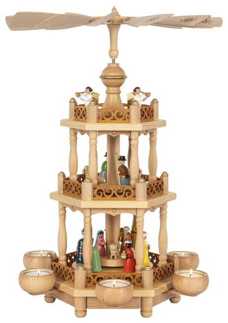 Weihnachtspyramide Christi Geburt mit farbigen Figuren für Teelichter 2-stöckig - 46 cm