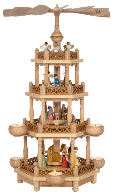 Weihnachtspyramide Christi Geburt mit farbigen Figuren für Teelichter 3-stöckig - 55 cm