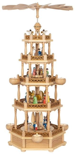 Weihnachtspyramide Christi Geburt mit farbigen Figuren für Teelichter 4-stöckig - 74 cm