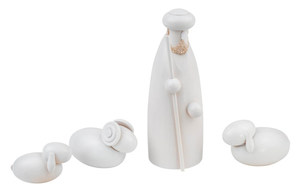 Hirte stehend mit Schafen 4-teilig, weiß lasiert