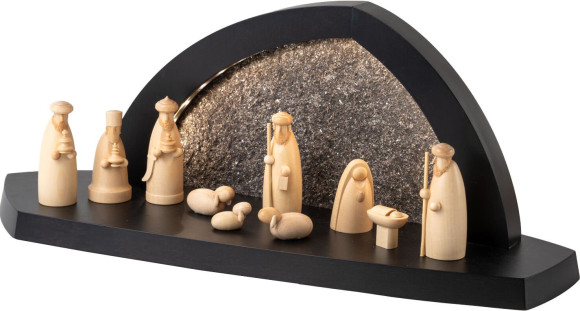 Seiffener Volkskunst LED-Gesteinsbogen anthrazit Schalling Christi Geburt mit Hirte und 3 Weisen