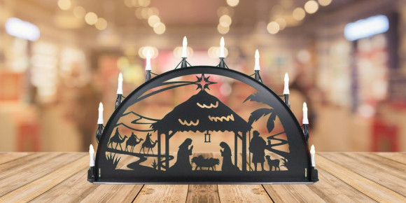 LED Metall Außenschwibbogen Christi Geburt 1,00 x 0,50 Meter