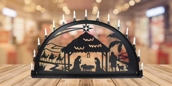 LED Metall Außenschwibbogen Christi Geburt 1,50 x 0,75 Meter