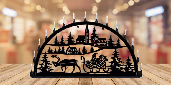 LED Metall Außenschwibbogen Weihnachtsmann mit Kutsche 1,50 x 0,75 Meter