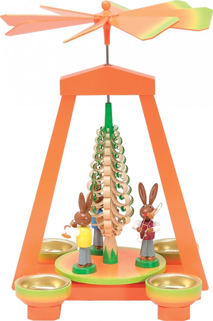 Osterpyramide mit Hasenmusikanten orange/grün