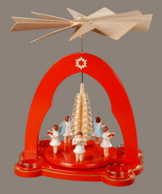 Teelichtpyramide 5 Engel mit Spanbaum rot