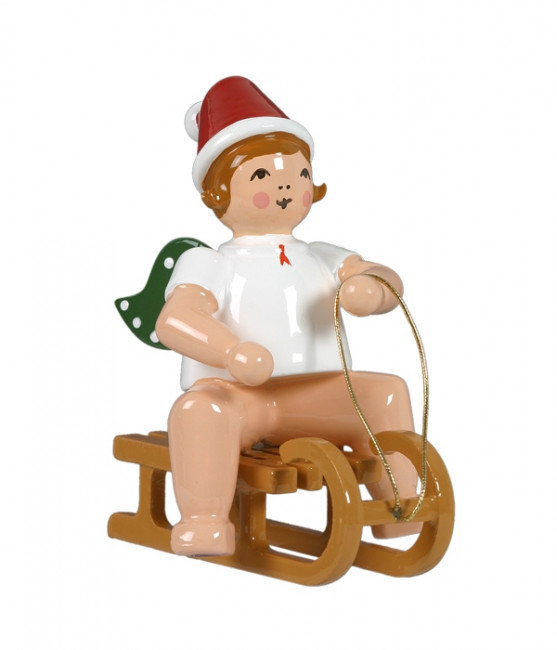 Weihnachtsengel auf Schlitten sitzend ohne Krone