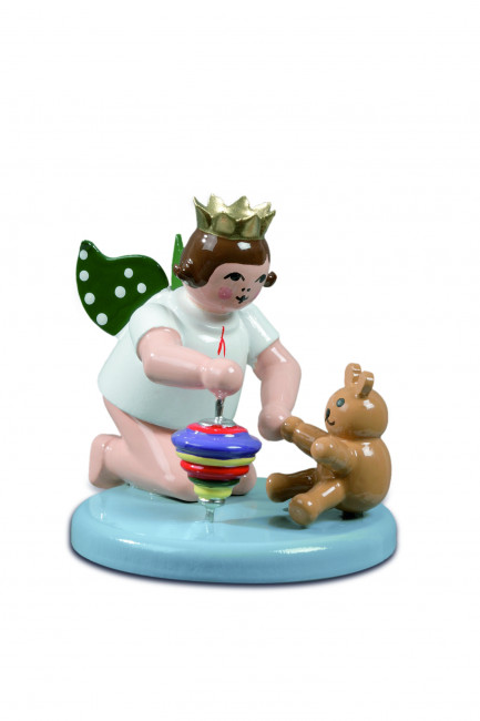 Engel kniend mit Kreisel und Teddy mit Krone