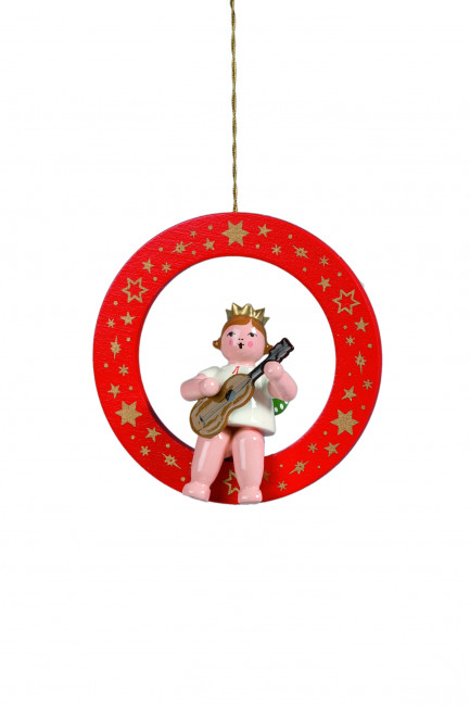 Engel mit Gitarre im roten Ring mit Krone