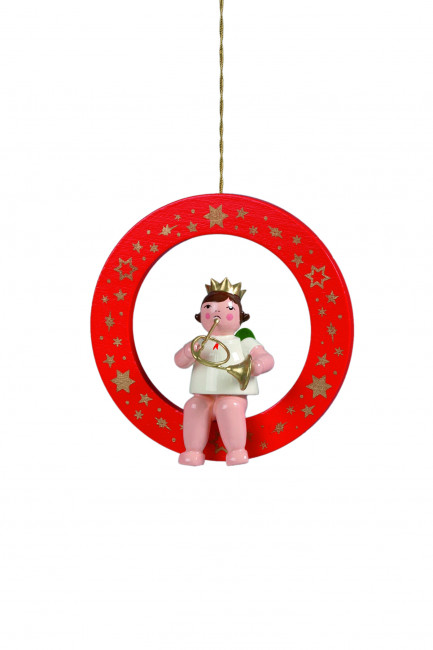 Engel mit Waldhorn im roten Ring ohne Krone