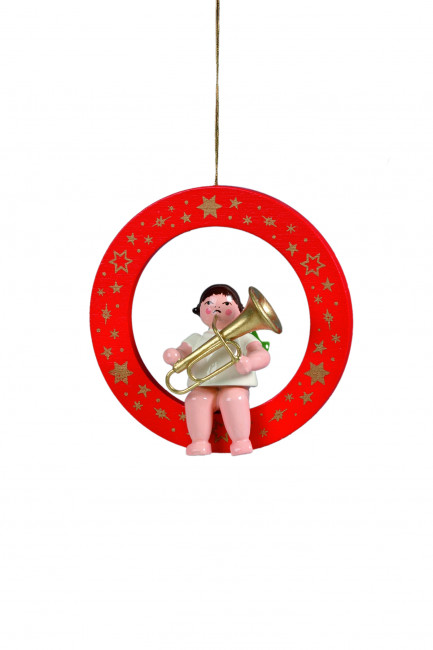 Engel mit Tuba im roten Ring mit Krone