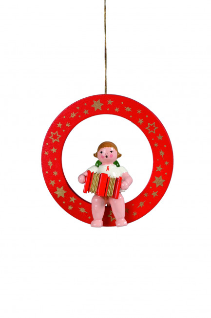 Engel mit Akkordeon im roten Ring ohne Krone