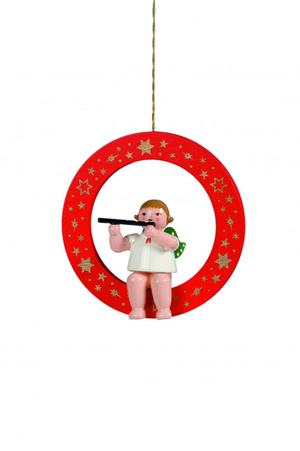 Engel mit Querflöte im roten Ring ohne Krone