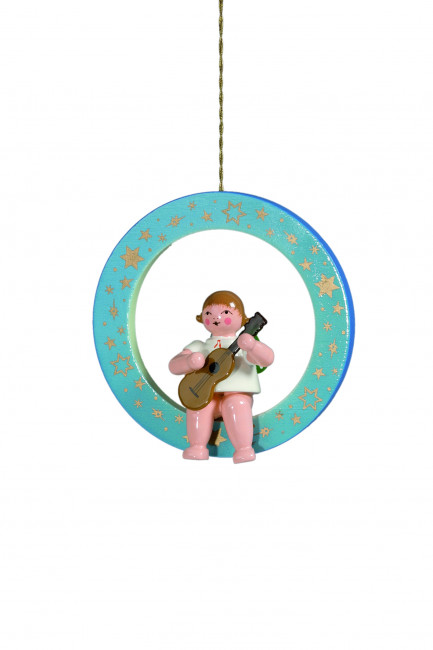 Engel mit Gitarre im blauen Ring mit Krone