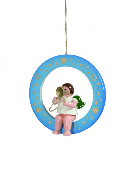 Engel mit Posaune im blauen Ring mit Krone