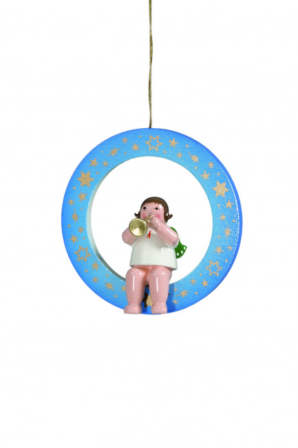 Engel mit Trompete im blauen Ring ohne Krone