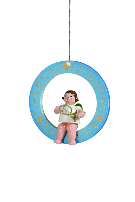 Engel mit Waldhorn im blauen Ring ohne Krone